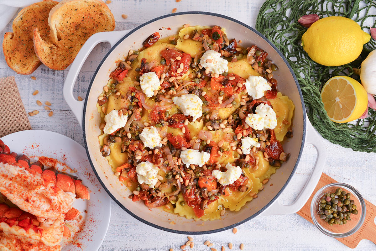 mediterranean lobster ravioli in pan