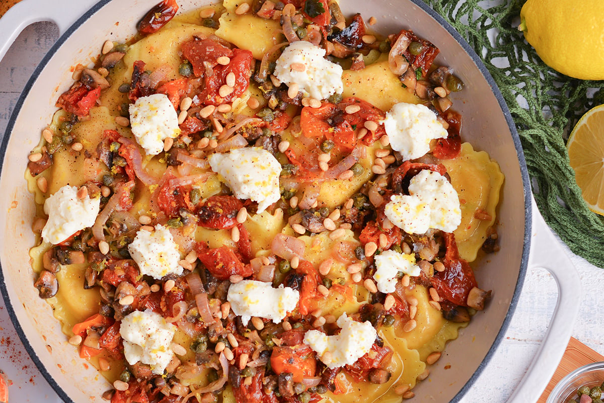 overhead shot of mediterranean lobster ravioli in pan