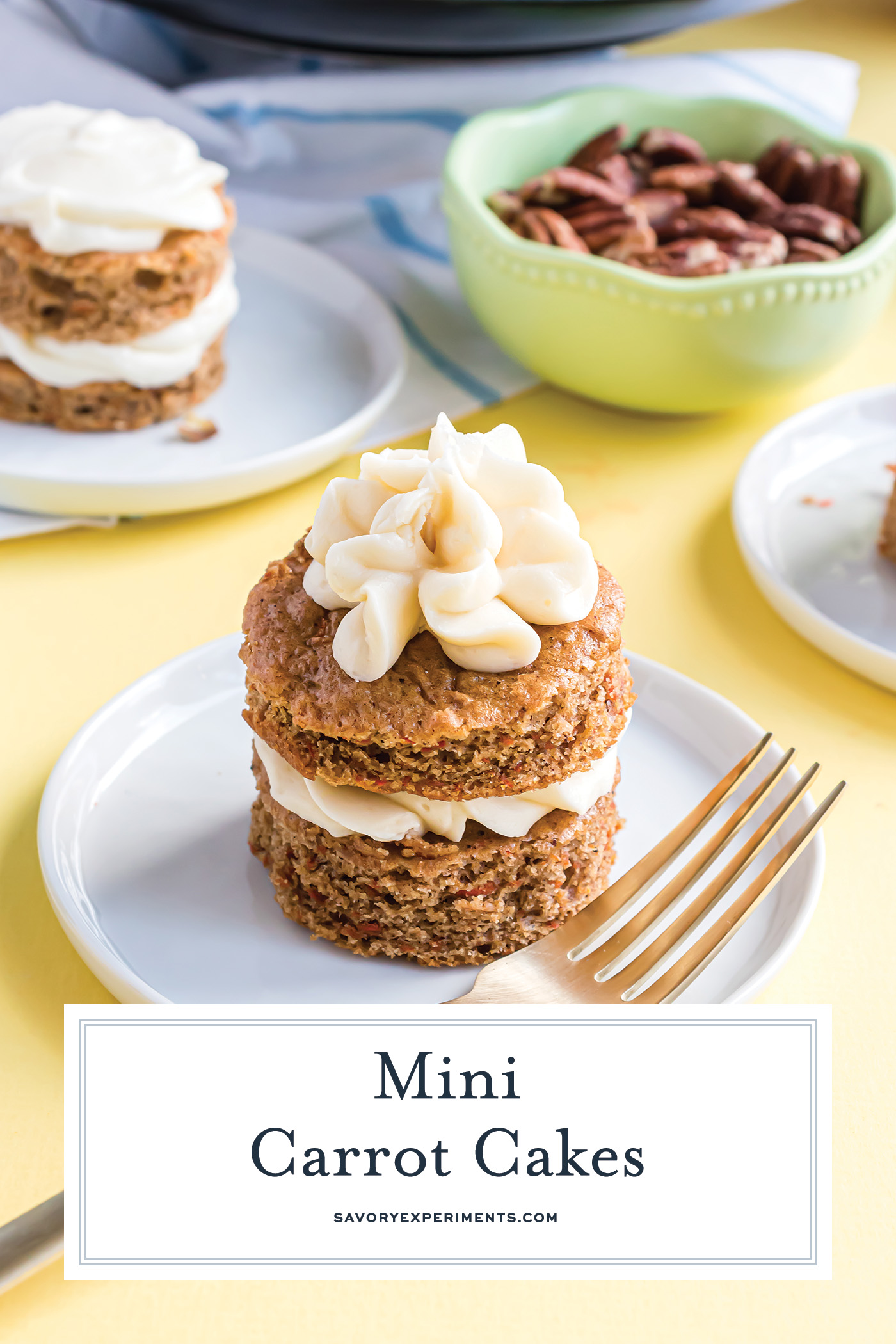 mini carrot cake on white plate with text overlay for pinterest