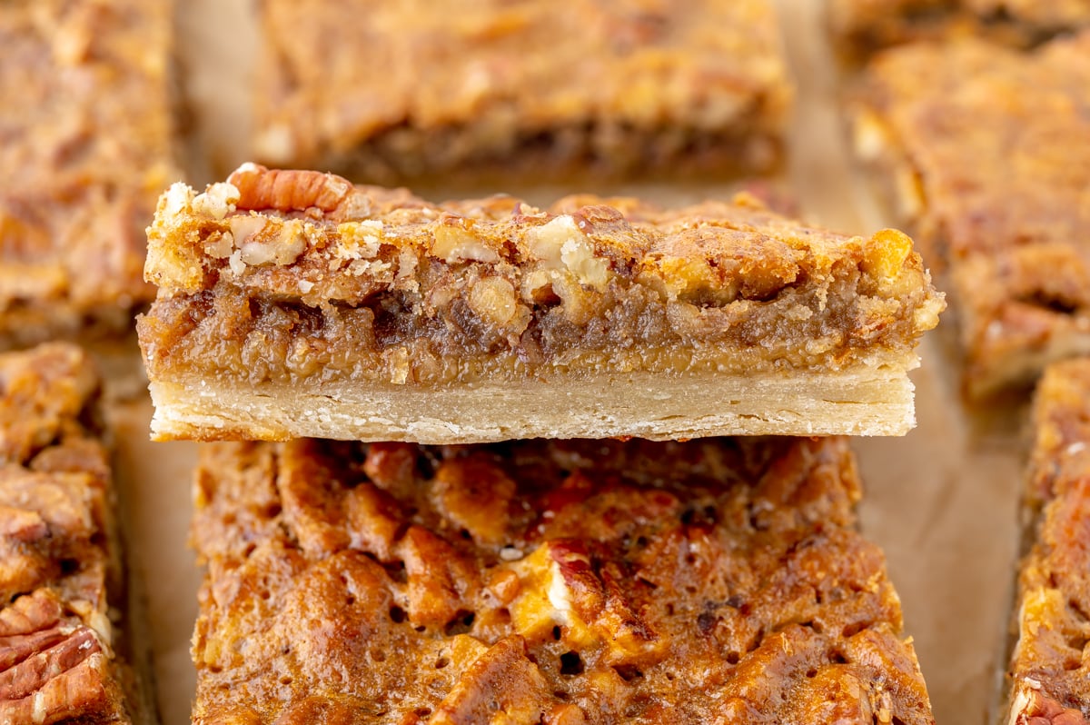 straight on overhead shot of cut pecan pie bars