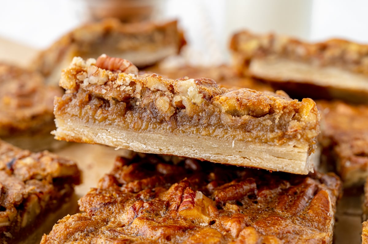 straight on shot of pecan pie bar