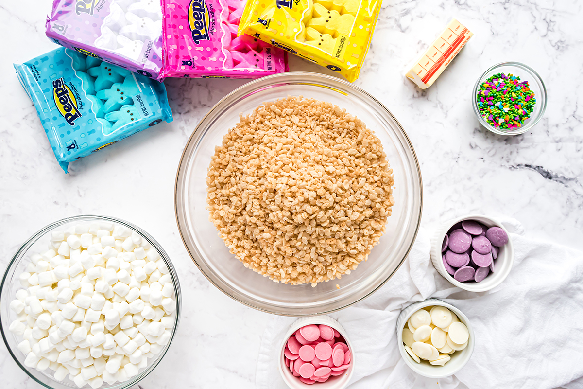 overhead shot of peep rice krispie treats ingredients