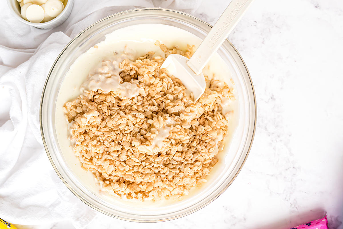 melted marshmallow added to rice krispie cereal