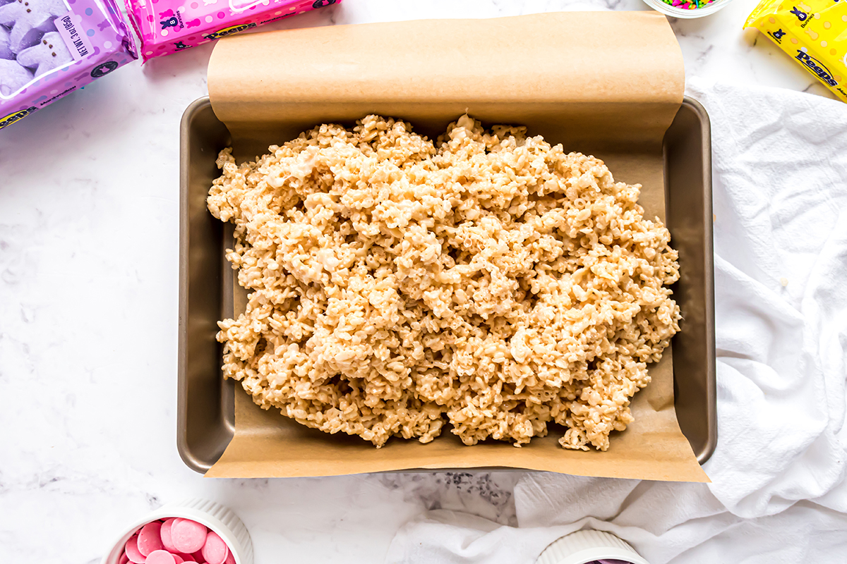 rice krispie treat mixture in pan