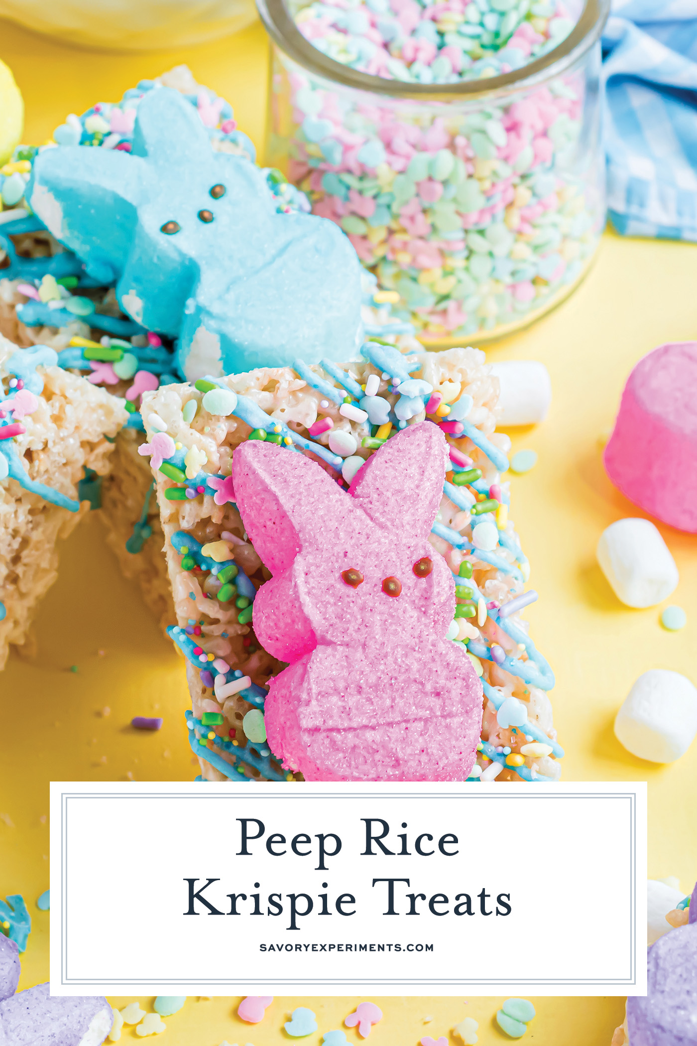 angled shot of two peep rice krispie treats with text overlay for pinterest