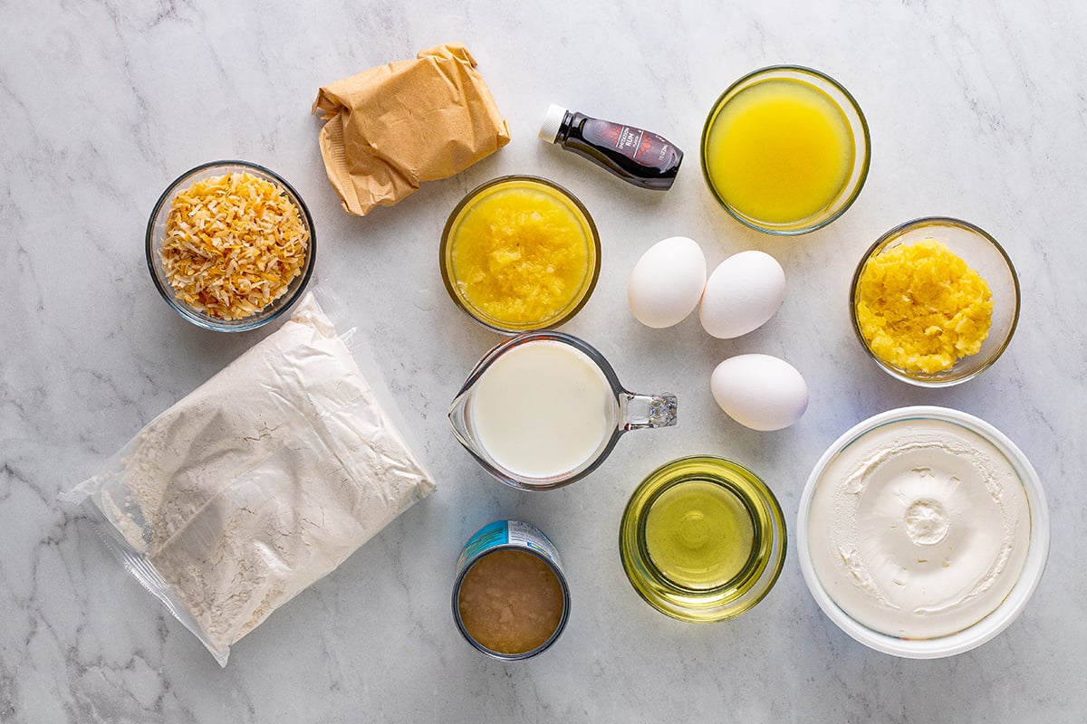 ingredients for making a pina colada poke cake