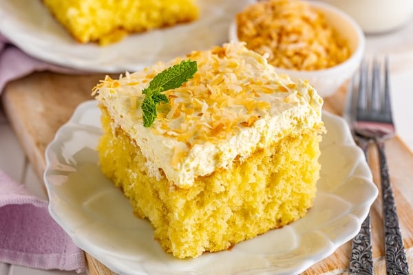 angle close up of pina colada cake