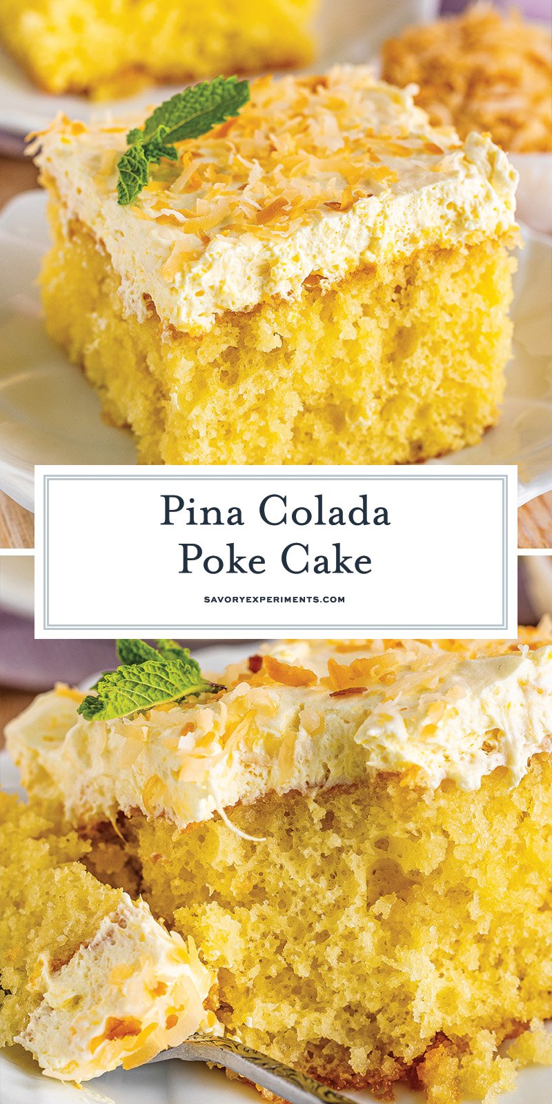 collage of pina colada poke cake images