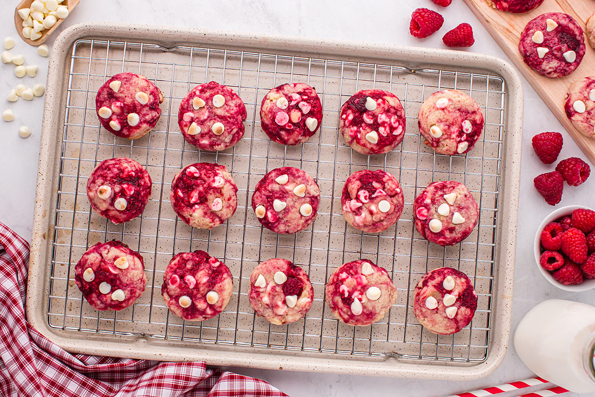 overhead shot raspberry cookies on wire rack