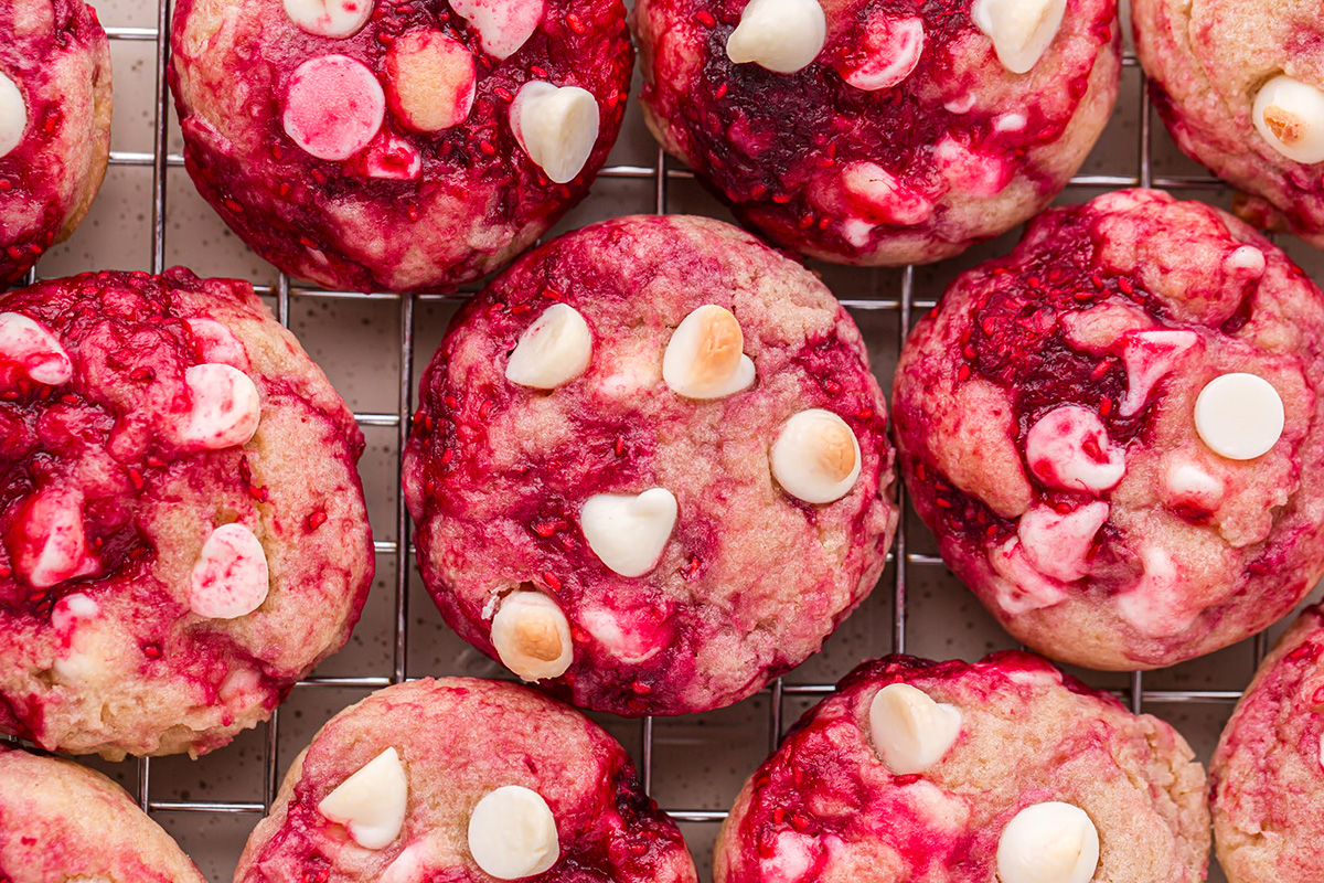 close up overhead shot raspberry cookies on wire rack