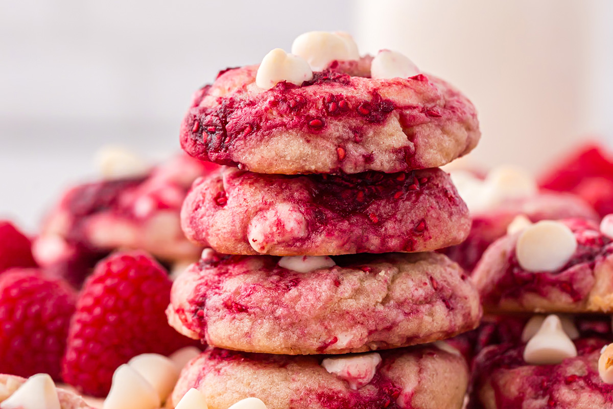 straight on shot of stack of raspberry cookies
