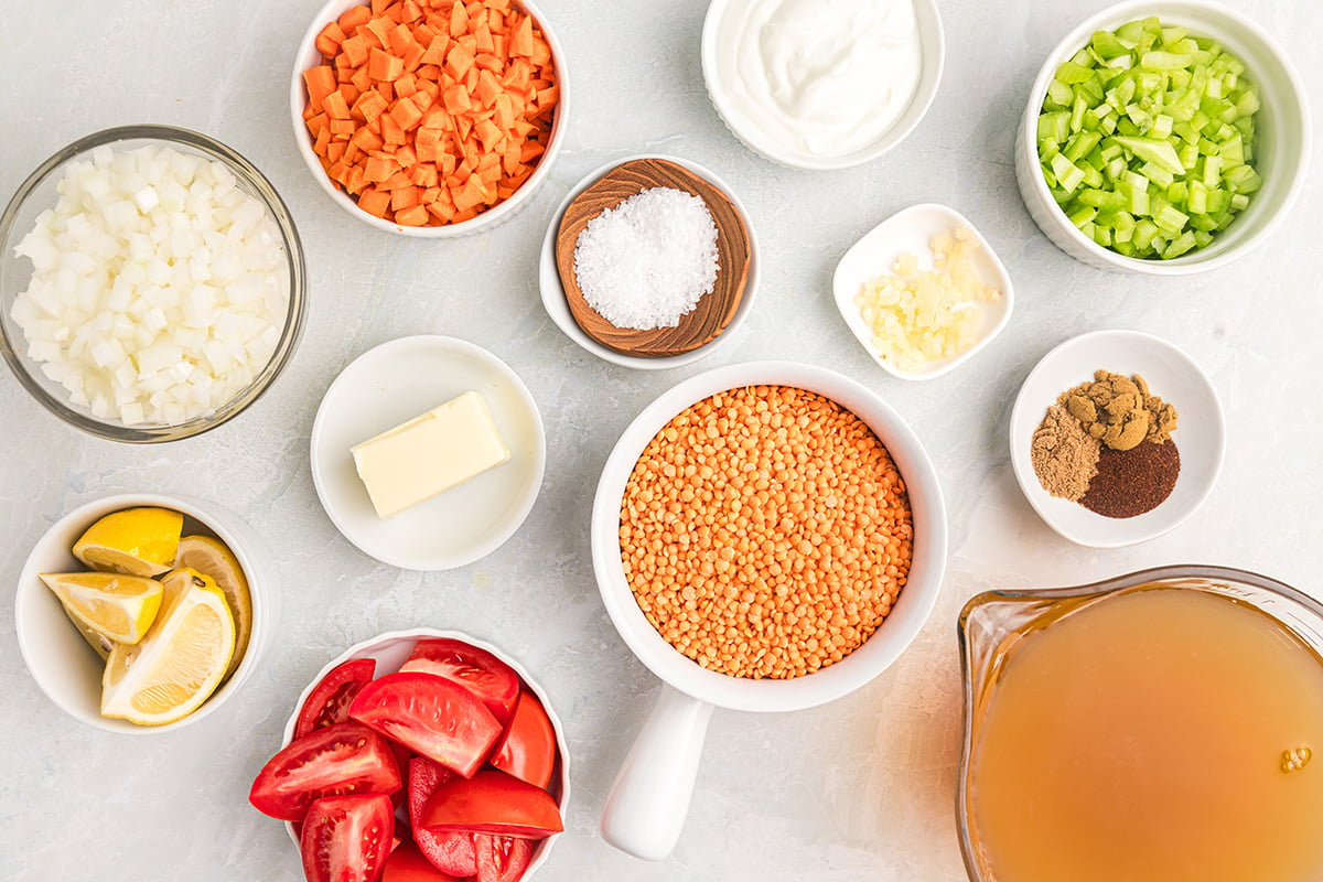 overhead shot of red lentil soup ingredients