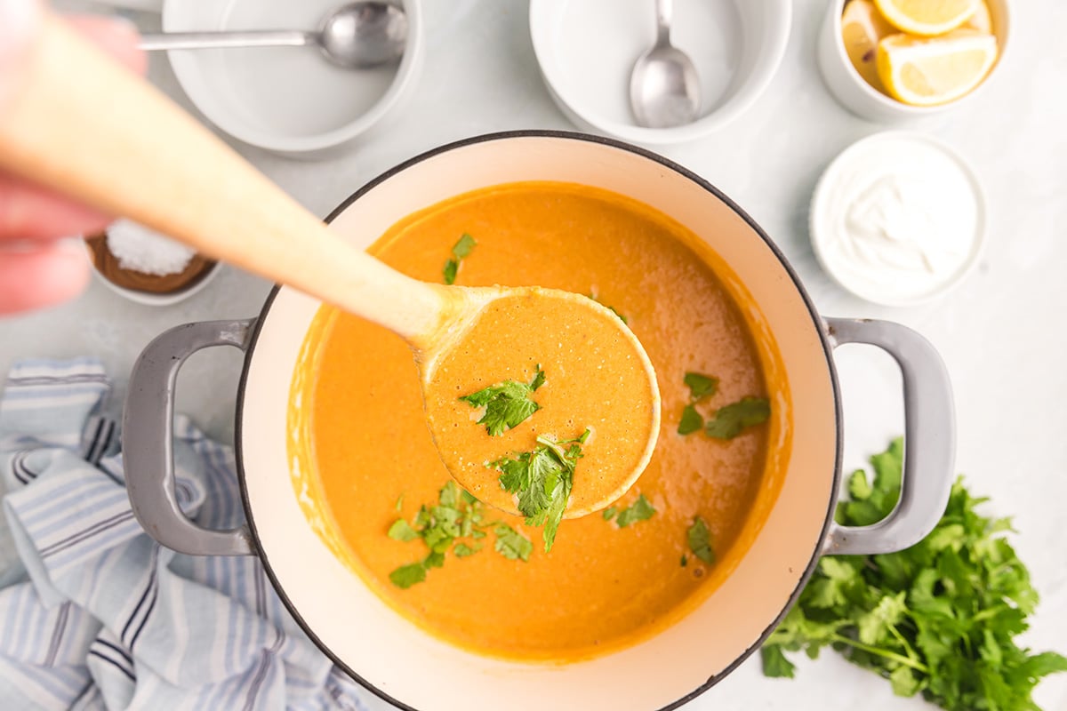 overhead shot of ladle in pot of red lentil soup