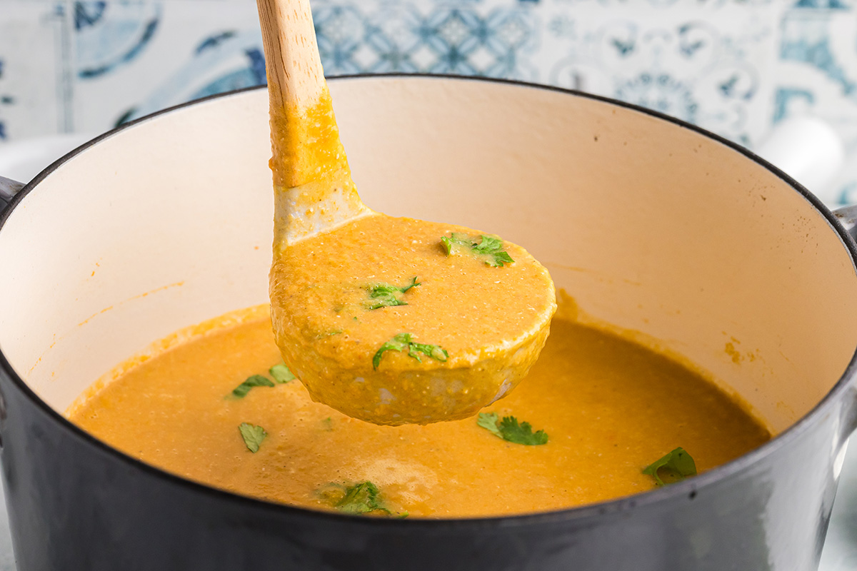 ladle in pot of red lentil soup