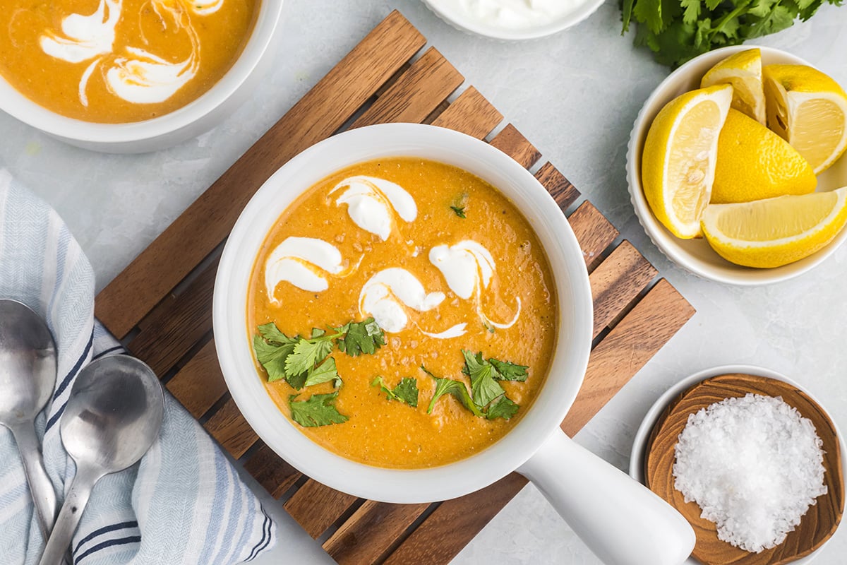 overhead shot of crock of red lentil soup