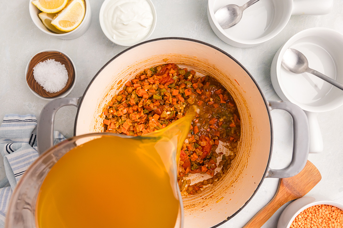 broth poured into veggies