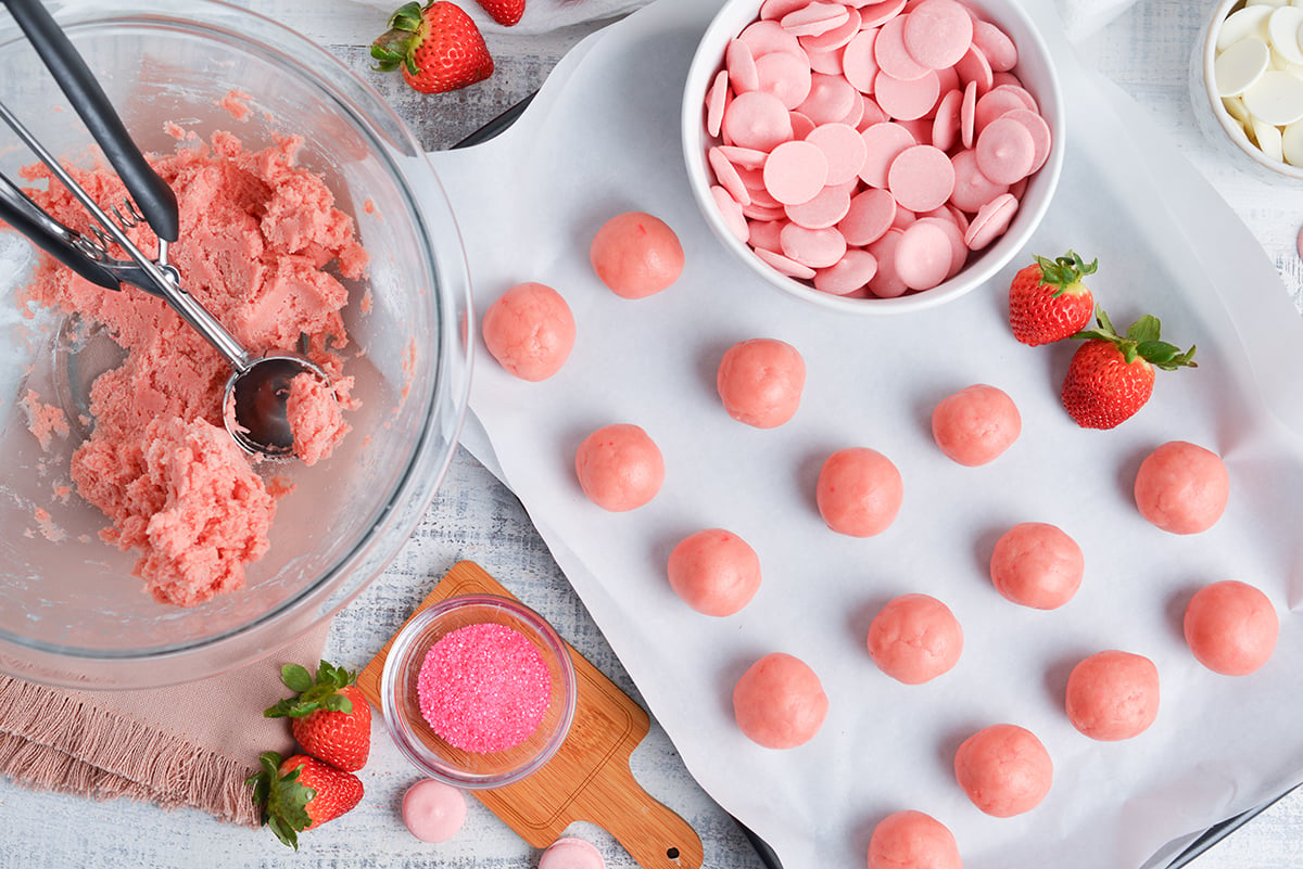 strawberry cheesecake balls on sheet pan