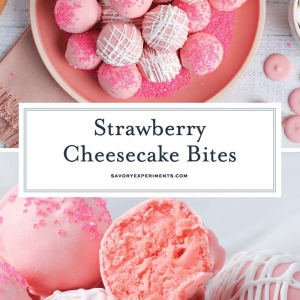 collage of strawberry cheesecake bites for pinterest