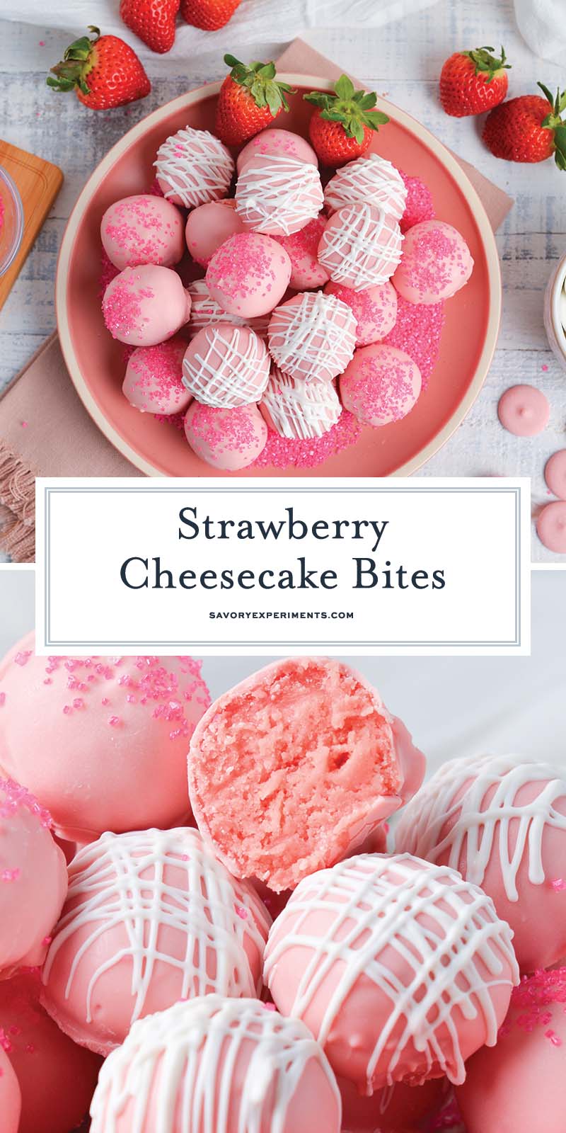 collage of strawberry cheesecake bites for pinterest