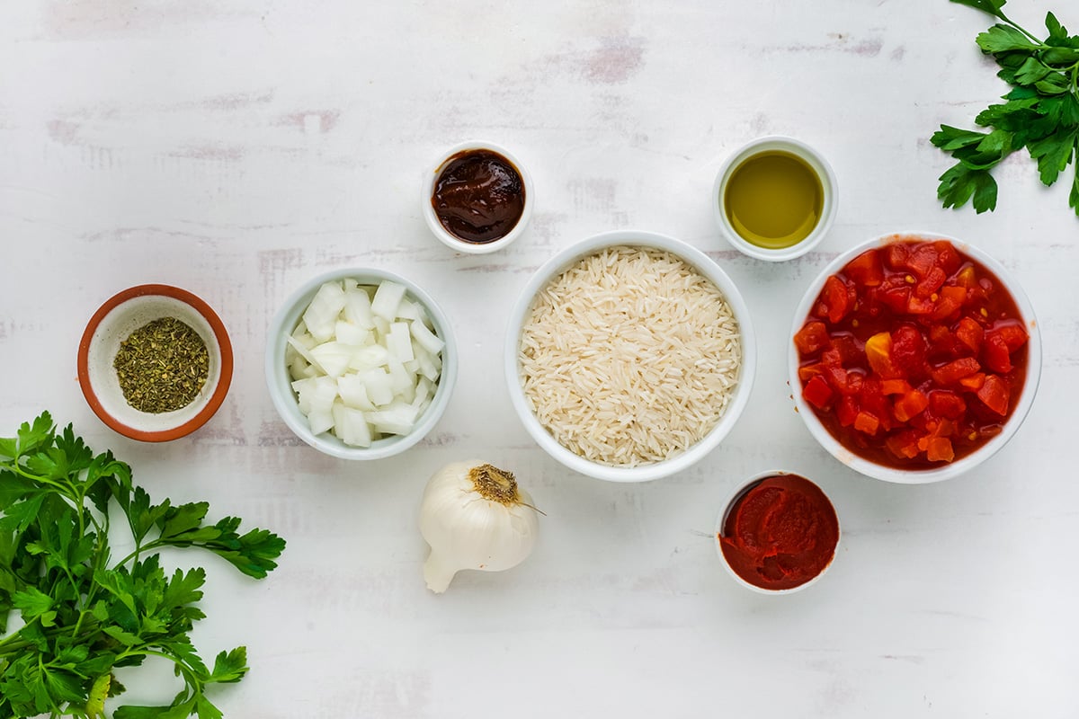 overhead shot of tomato rice ingredients