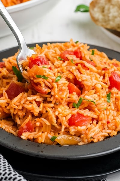 angled shot of fork in tomato rice