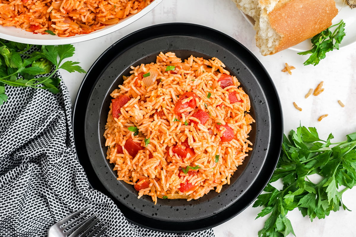 overhead shot of plate of tomato rice