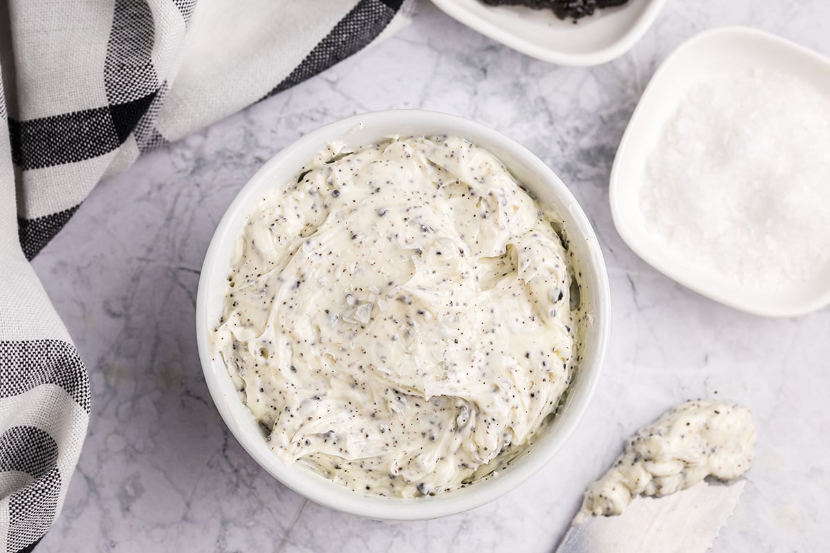 overhead shot of bowl of black truffle butter