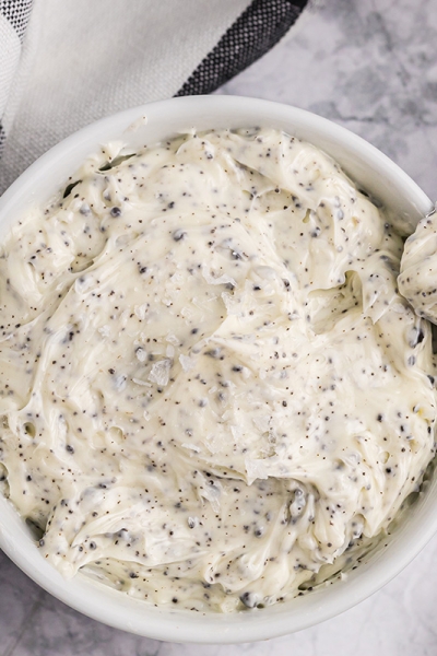 overhead close up shot of truffle butter in bowl