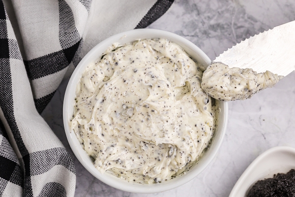 overhead close up shot of truffle butter in bowl