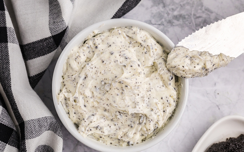 overhead close up shot of truffle butter in bowl