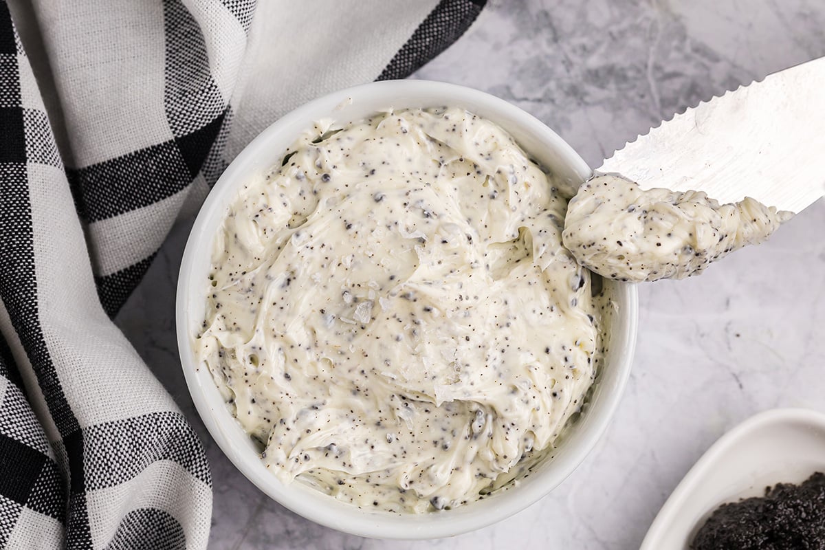 overhead close up shot of truffle butter in bowl