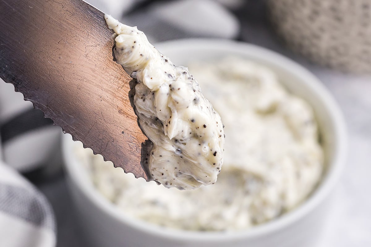 close up of truffle butter on knife