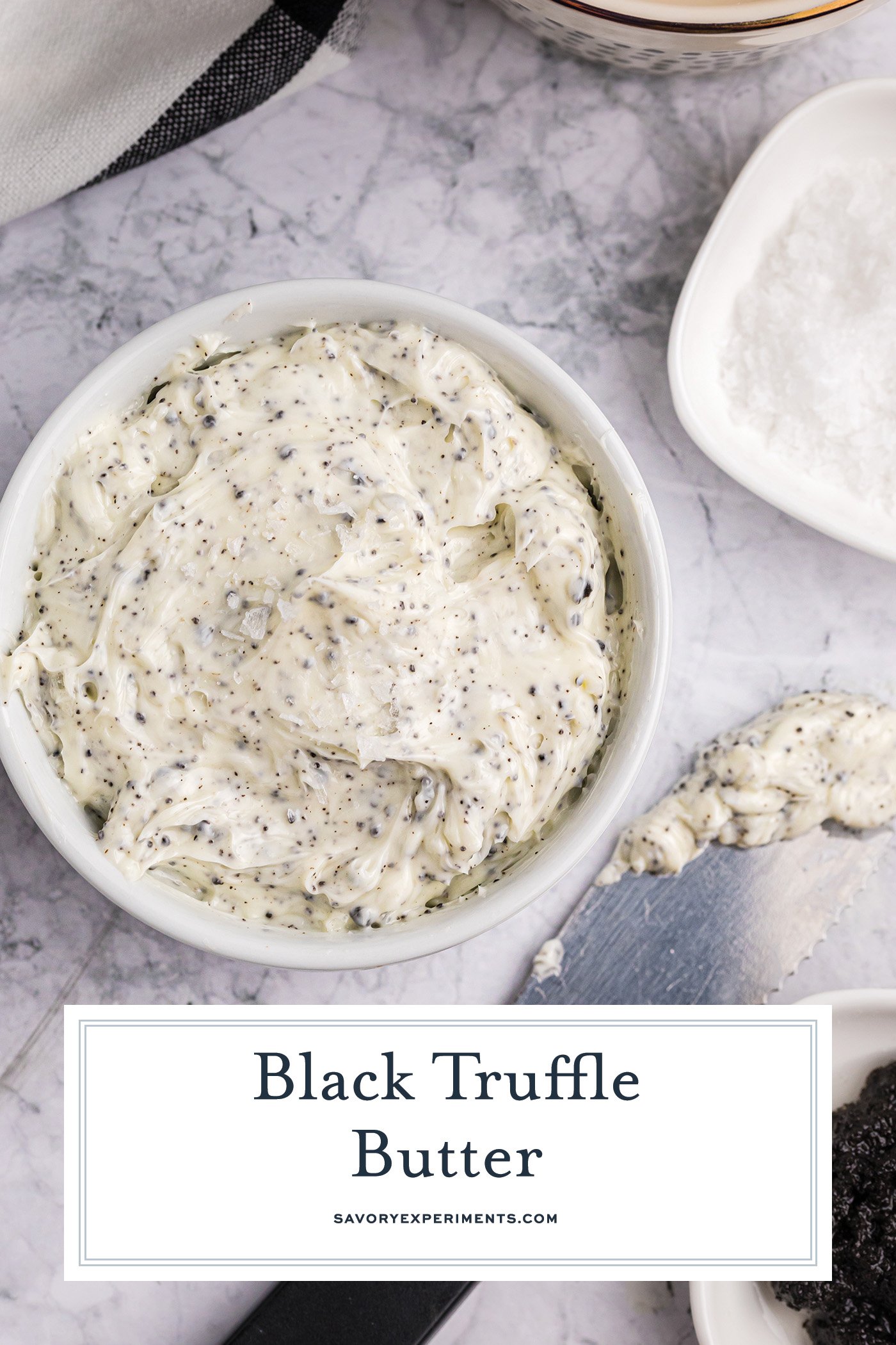 overhead shot of bowl of truffle butter with text overlay for pinterest