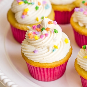 angle view of frosted vanilla cupcakes on a plate