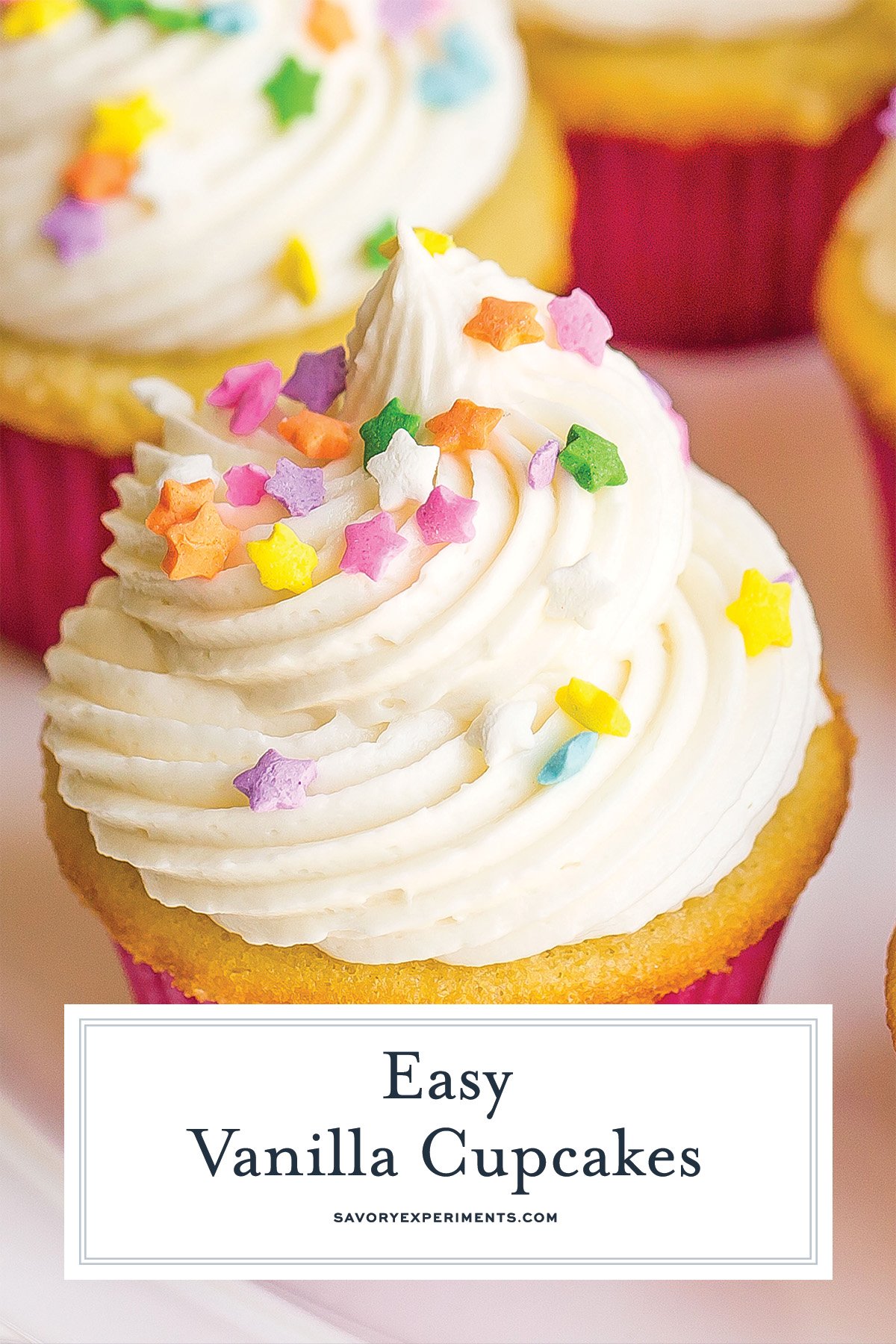 close up of a cupcake with vanilla frosting with text overlay saying easy vanilla cupcakes