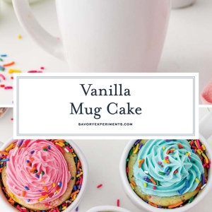 collage of mug cakes with bright frosting and sprinkles