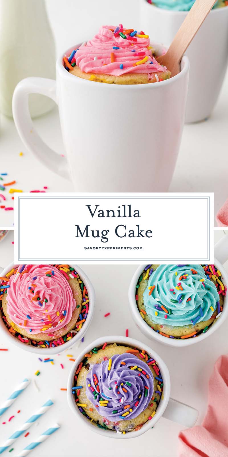 collage of mug cakes with bright frosting and sprinkles