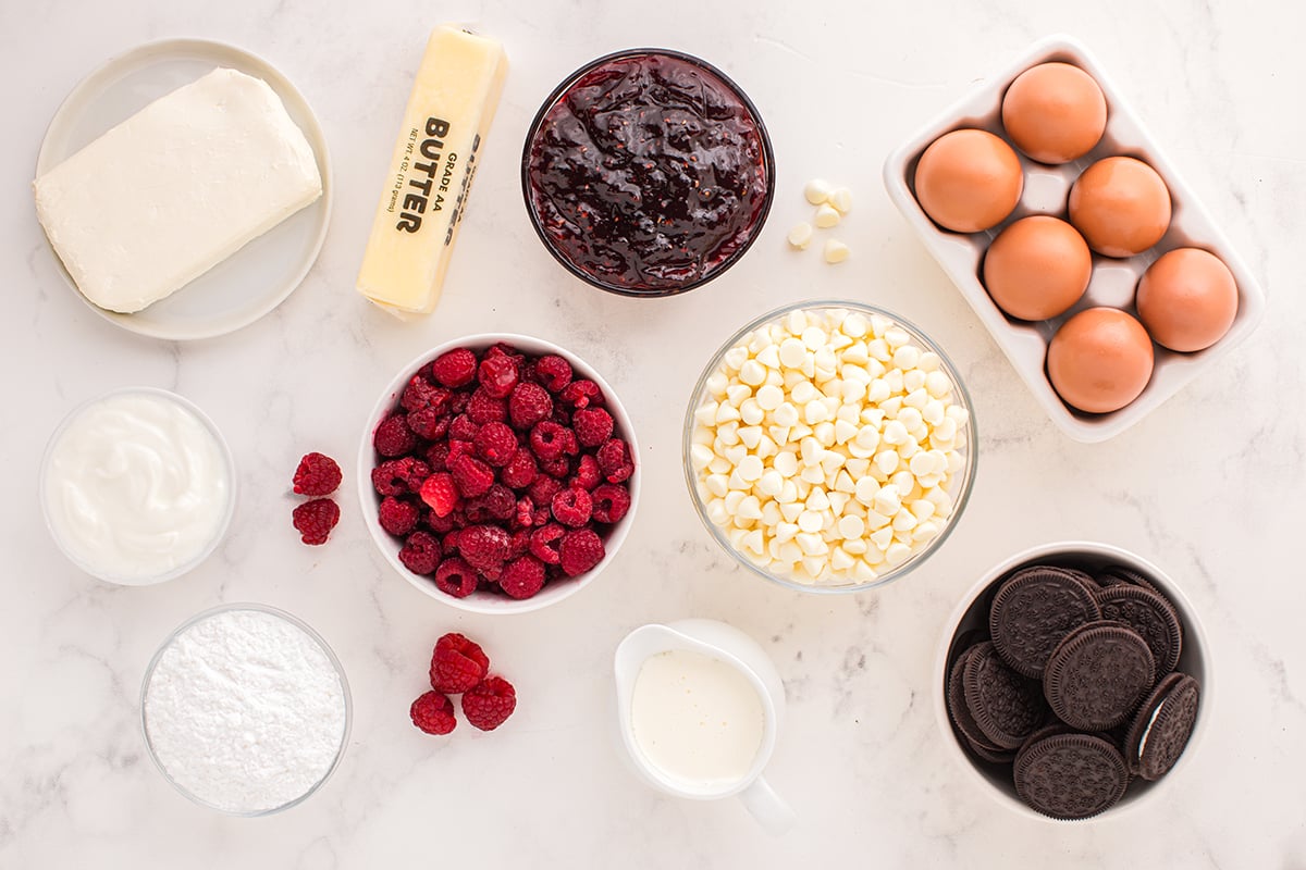 overhead shot of raspberry cheesecake ingredients