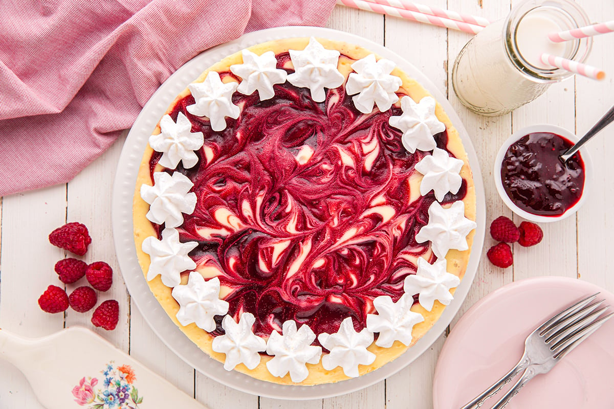 overhead shot of baked raspberry cheesecake