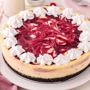 angled shot of raspberry cheesecake