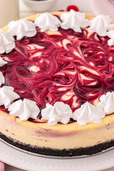 angled shot of raspberry cheesecake