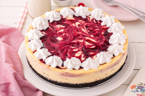 angled shot of raspberry cheesecake