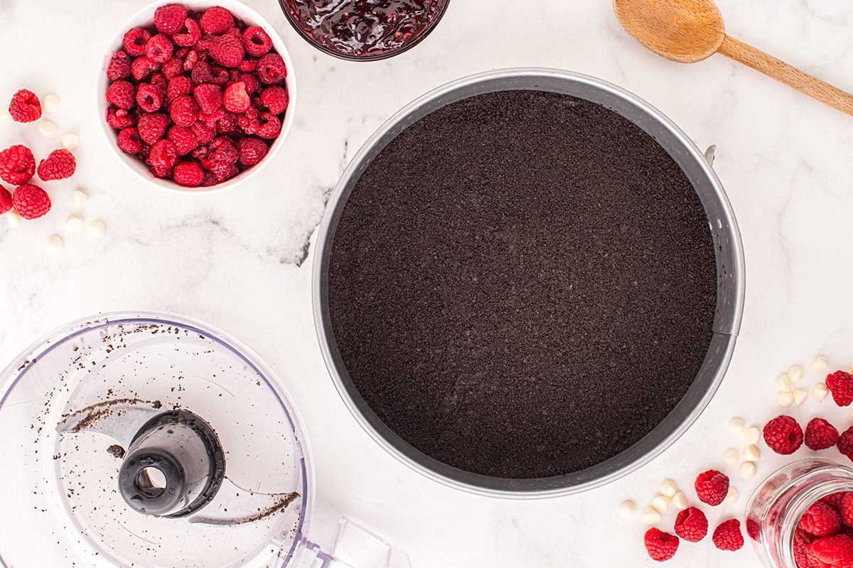 overhead shot of chocolate cheesecake crust