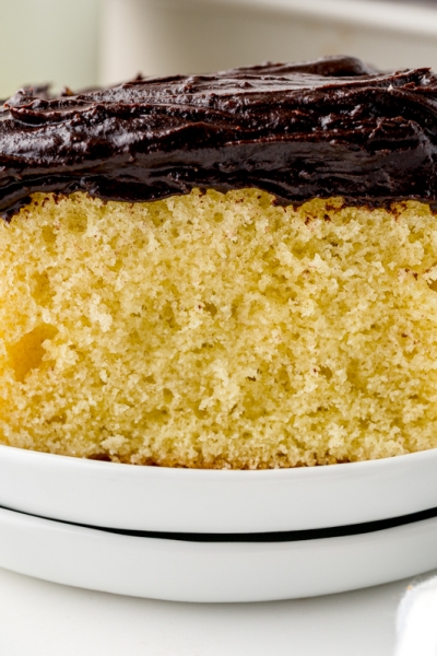 side view of slice of cake on a white serving plate