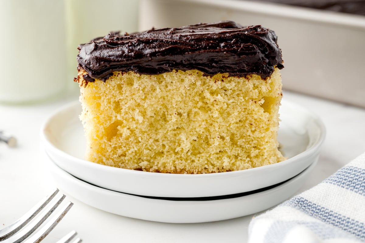 side view of slice of cake on a white serving plate