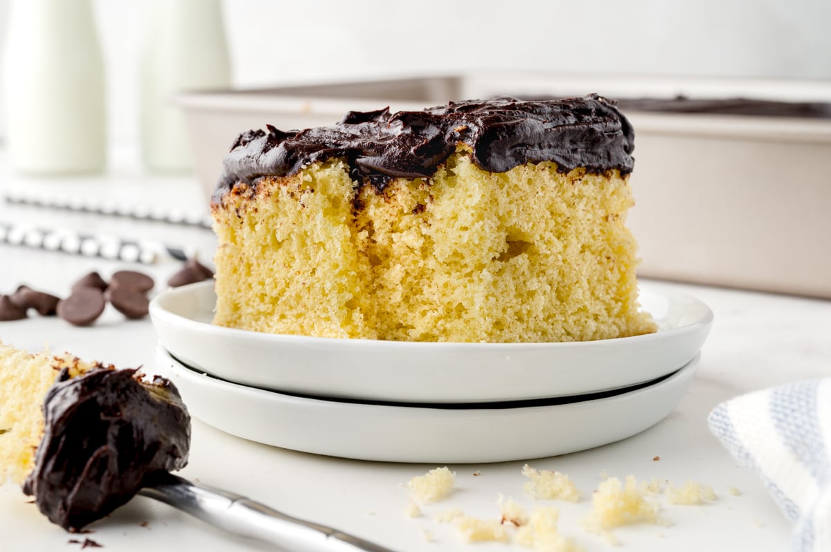 bite missing from a piece of cake with fudge frosting