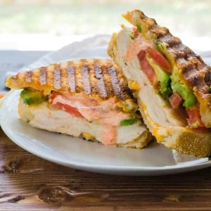 angled shot of panini sandwich cut in half on plate