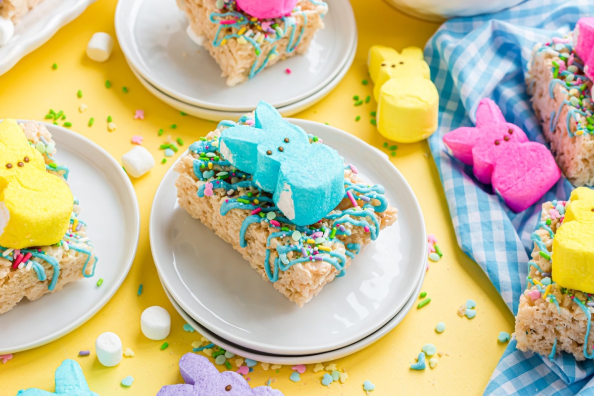 angled shot blue peep rice krispie treat on white plates