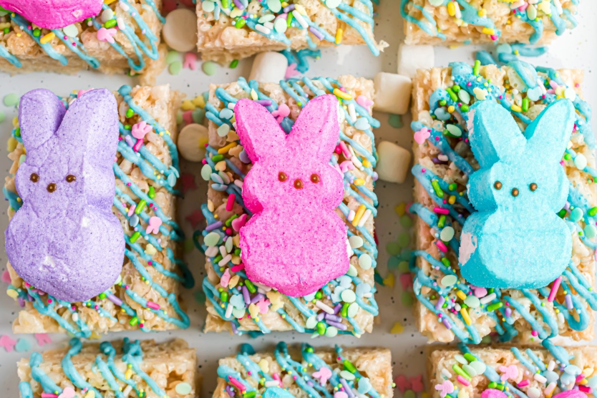 row of peep rice krispie treats