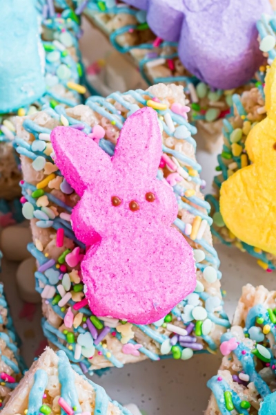 peep rice krispie treats on a white tray